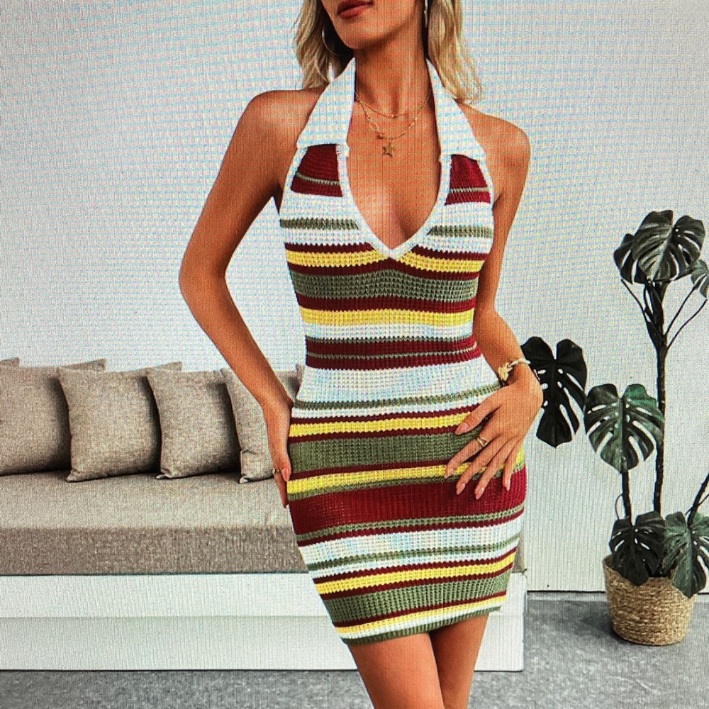 Striped Halter Knit Bodycon Dress - Multicolor